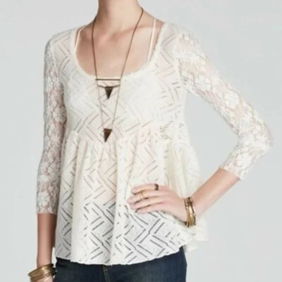 Free People Cream Lace Peplum Tunic Top With Long Sleeves & Open Back Detail - W - Picture 1 of 4